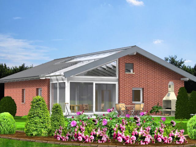 Fertighaus Planungsbeispiel 106H10 von Bio-Solar-Haus Schlüsselfertig ab 331950€, Bungalow Außenansicht 1