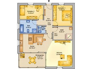 Fertighaus Planungsbeispiel 108H10 von Bio-Solar-Haus Schlüsselfertig ab 314627€, Bungalow Grundriss 1