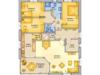Fertighaus Planungsbeispiel 119H10 von Bio-Solar-Haus Schlüsselfertig ab 345577€, Bungalow Grundriss 1