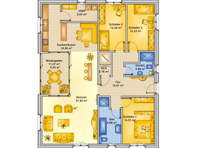 Fertighaus Planungsbeispiel 140H10 von Bio-Solar-Haus Schlüsselfertig ab 374849€, Bungalow Grundriss 1