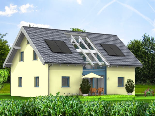 Fertighaus Planungsbeispiel 158H15 von Bio-Solar-Haus Schlüsselfertig ab 391699€, Satteldach-Klassiker Außenansicht 1 Fertighaus Planungsbeispiel 158H15 von Bio-Solar-Haus Schlüsselfertig ab 391699€, Satteldach-Klassiker Außenansicht 1