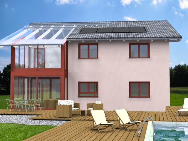 Fertighaus Planungsbeispiel 165H20 von Bio-Solar-Haus Schlüsselfertig ab 478001€, Satteldach-Klassiker Außenansicht 1