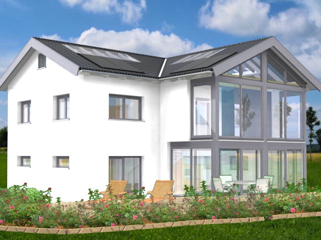 Fertighaus Planungsbeispiel 170H20 von Bio-Solar-Haus Schlüsselfertig ab 489857€, Satteldach-Klassiker Außenansicht 1