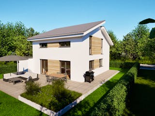 Massivhaus Entwurf CS116 von FAVORIT Massivhaus, Pultdachhaus Außenansicht 6