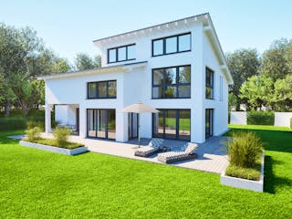 Massivhaus Entwurf CS211 von FAVORIT Massivhaus, Pultdachhaus Außenansicht 1