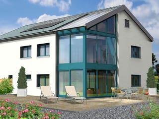 Fertighaus Planungsbeispiel 252H20 von Bio-Solar-Haus Schlüsselfertig ab 585711€, Satteldach-Klassiker Außenansicht 1