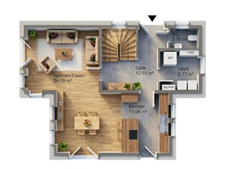 Massivhaus Pult 128 von AMR-Wohnbau Schlüsselfertig ab 331000€, Pultdachhaus Grundriss 1
