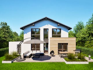 Massivhaus Entwurf SL157 von FAVORIT Massivhaus, Satteldach-Klassiker Außenansicht 1