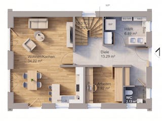 Massivhaus Hanseat 129 von AMR-Wohnbau Schlüsselfertig ab 307000€, Satteldach-Klassiker Grundriss 1