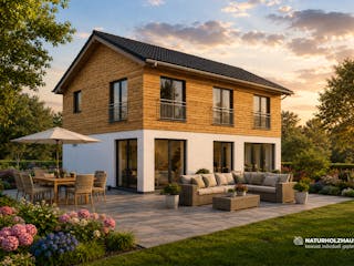Fertighaus Einfamilienhaus Premium 124 von Naturholzhaus Bayern, Satteldach-Klassiker Außenansicht 1