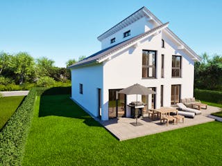 Massivhaus Entwurf CS183 von FAVORIT Massivhaus, Pultdachhaus Außenansicht 3