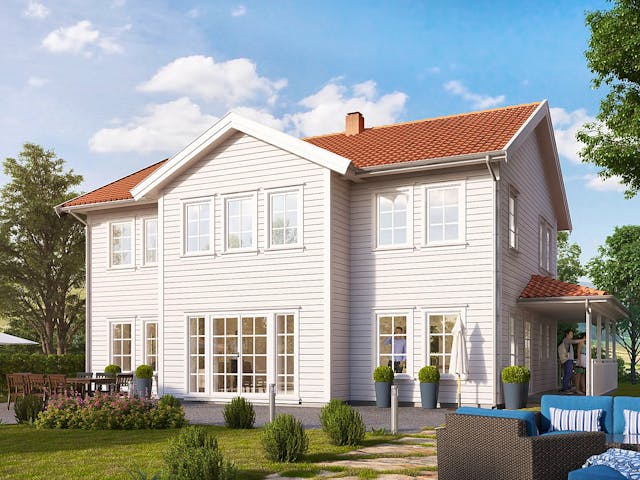 Fertighaus Baron von AKOST Holzhäuser, Satteldach-Klassiker Außenansicht 1