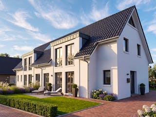 Massivhaus DHH Stadthaus von AMR-Wohnbau Schlüsselfertig ab 286000€, Satteldach-Klassiker Außenansicht 2