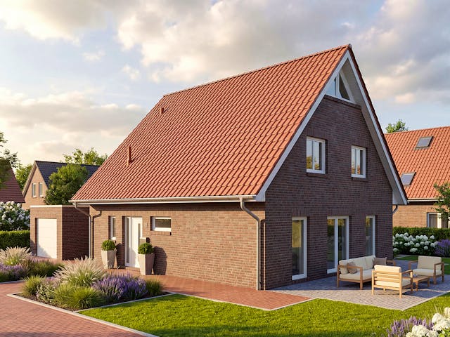 Massivhaus Satteldach 140 von AMR-Wohnbau Schlüsselfertig ab 310000€, Satteldach-Klassiker Außenansicht 1