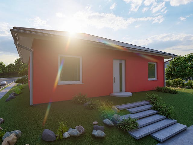 Massivhaus Enzian von AVOS Hausbau Schlüsselfertig ab 211500€, Bungalow Außenansicht 1 Massivhaus Enzian von AVOS Hausbau Schlüsselfertig ab 211500€, Bungalow Außenansicht 1
