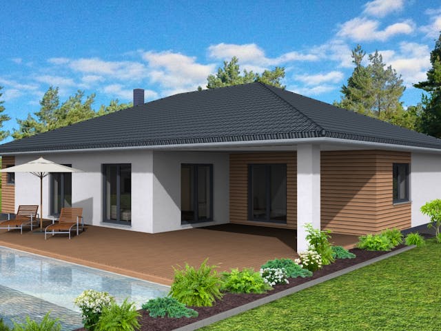 Fertighaus Bungalow 150 von Suckfüll Energiesparhaus Schlüsselfertig ab 472050€, Bungalow Außenansicht 1