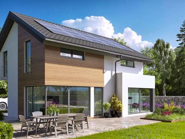 Fertighaus Belando von Büdenbender Hausbau Schlüsselfertig ab 547500€, Satteldach-Klassiker Außenansicht 1