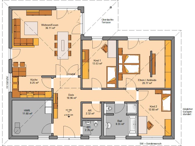 Massivhaus Bungalow Balance Klinker von Kern-Haus Schlüsselfertig ab 424900€, Bungalow Grundriss 1