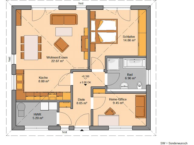 Massivhaus Bungalow Easy von Kern-Haus Schlüsselfertig ab 287900€, Bungalow Grundriss 1
