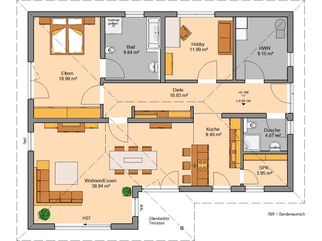 Massivhaus Bungalow Vita von Kern-Haus Schlüsselfertig ab 377900€, Bungalow Grundriss 1