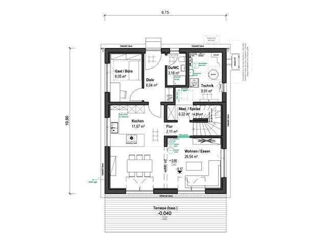 Fertighaus Chausseestraße 130 von bauen.WIEWIR Schlüsselfertig ab 304300€, Satteldach-Klassiker Grundriss 2