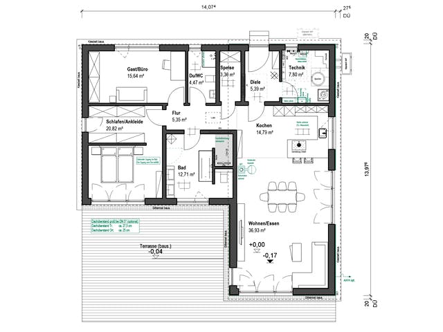 Fertighaus Lessingstraße 128 - Pultdach von bauen.WIEWIR Schlüsselfertig ab 309700€, Bungalow Grundriss 1