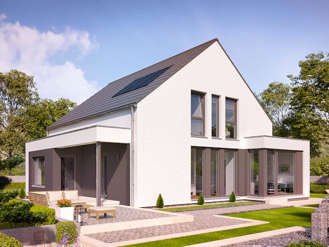 Fertighaus EVOLUTION 163 V2 von Bien-Zenker Schlüsselfertig ab 377923€, Satteldach-Klassiker Außenansicht 1