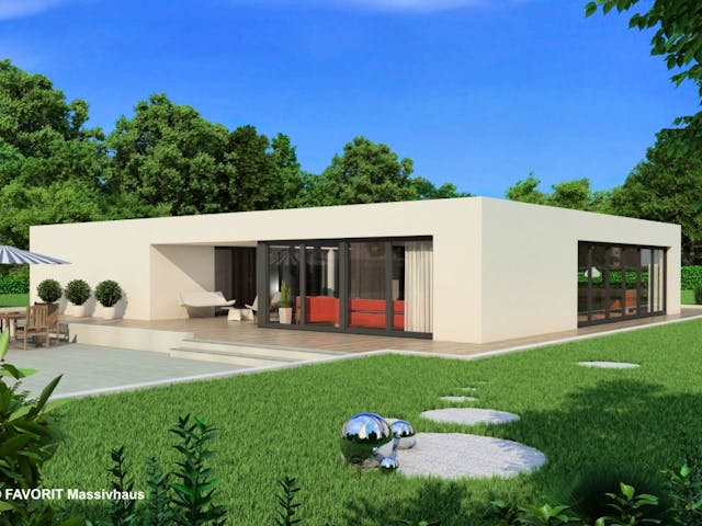 Massivhaus Chalet 153 von FAVORIT Massivhaus Schlüsselfertig ab 436680€, Bungalow Außenansicht 1