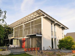 Fertighaus Sabine (KfW-Effizienzhaus 40 EE) von Dammann-Haus Schlüsselfertig ab 444200€, Pultdachhaus Außenansicht 1