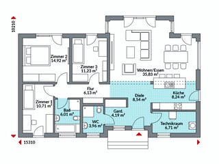 Fertighaus Perfect 116 von Danwood Schlüsselfertig ab 265300€, Bungalow Grundriss 1