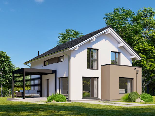 Fertighaus Point 143 von Danwood Schlüsselfertig ab 310500€, Satteldach-Klassiker Außenansicht 1 Fertighaus Point 143 von Danwood Schlüsselfertig ab 310500€, Satteldach-Klassiker Außenansicht 1