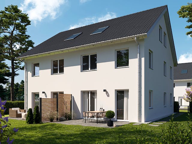 Massivhaus ICON S Doppelhaushälfte mit Satteldach von Dennert Massivhaus Ausbauhaus ab 216400€, Außenansicht 1