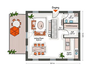 Massivhaus ICON 3 mit Quergiebel von Dennert Massivhaus Ausbauhaus ab 247288€, Satteldach-Klassiker Grundriss 1