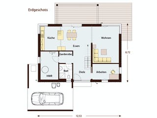Blockhaus D183 MH Mülheim-Kärlich von Frammelsberger R. Ingenieur-Holzbau, Satteldach-Klassiker Grundriss 1