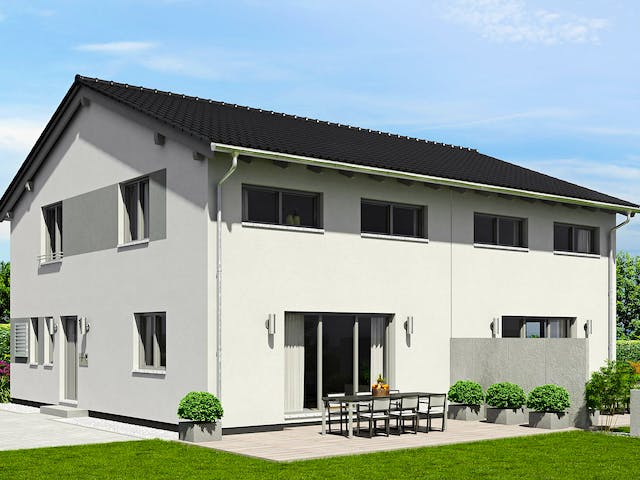 Fertighaus Doppelhaus Duett 114 von FINGERHUT-HAUS Zwei- & Mehrfamilienhäuser Schlüsselfertig ab 370058€, Außenansicht 2