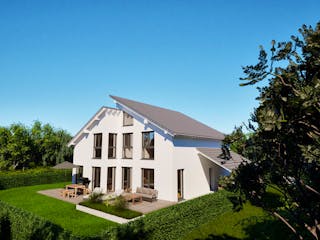 Massivhaus Entwurf CS183 von FAVORIT Massivhaus, Pultdachhaus Außenansicht 2