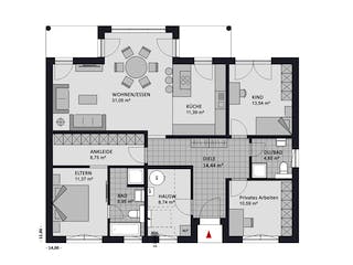 Massivhaus Chalet 122 edition von FAVORIT Massivhaus Schlüsselfertig ab 343360€, Bungalow Grundriss 1