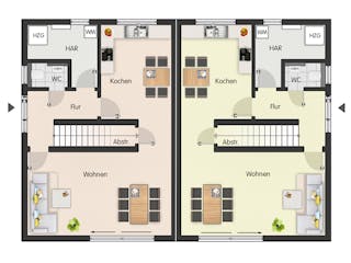 Massivhaus Doppelhaus Naunhof von Febro Massivhaus Schlüsselfertig ab 266400€, Satteldach-Klassiker Grundriss 1