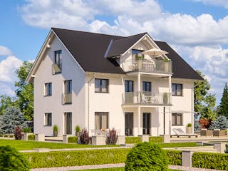 Fertighaus Haas Mehrfamilienhaus mit 3 Wohneinheiten und Satteldach Außenansicht 1