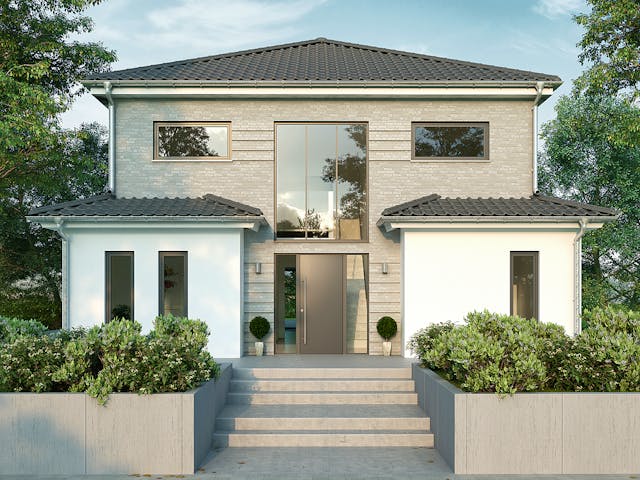 Massivhaus Aventus 162 von HANNOVER HAUS Schlüsselfertig ab 388900€, Stadtvilla Außenansicht 1