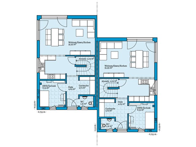 Fertighaus Doppelhaus 164 von Hanse Haus Schlüsselfertig ab 425821€, Satteldach-Klassiker Grundriss 1