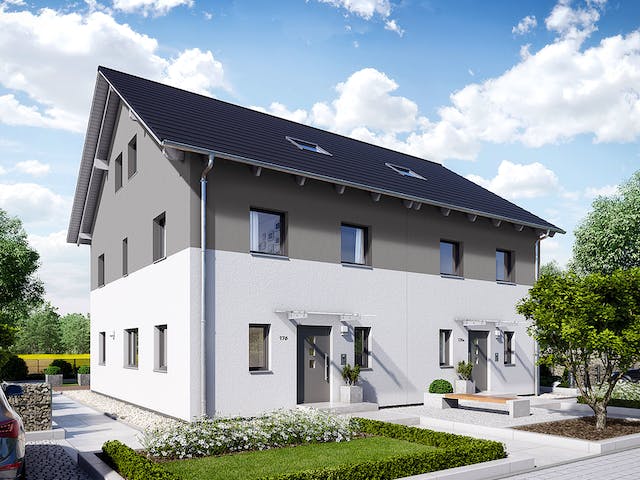 Fertighaus Doppelhaus 176 von Hanse Haus Schlüsselfertig ab 437267€, Satteldach-Klassiker Außenansicht 1