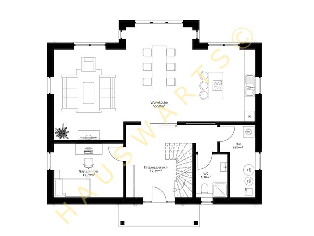 Massivhaus Landhaus Schwerin von Hauswärts Consulting Schlüsselfertig ab 395000€, Satteldach-Klassiker Grundriss 1