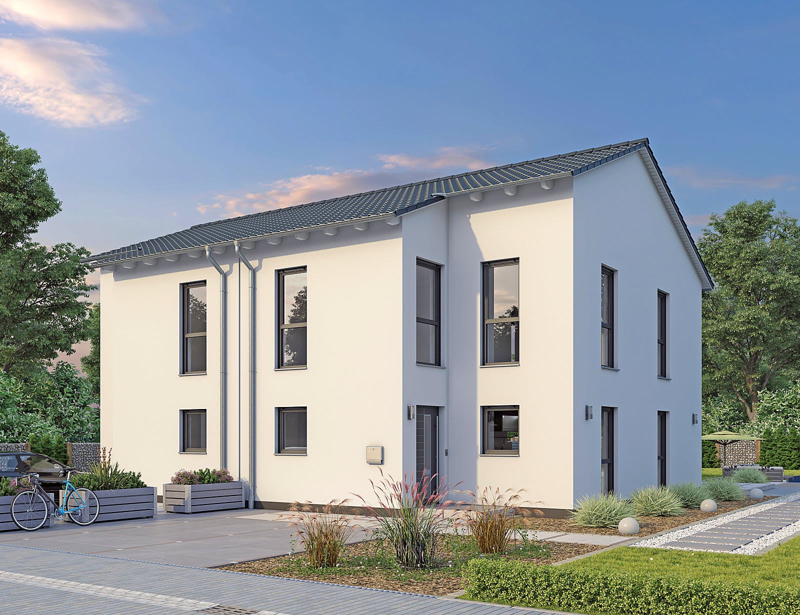 Massivhaus DHH Stadtvilla 110 von hebelHAUS, Satteldach-Klassiker Außenansicht 1