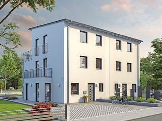 Massivhaus DHH Stadtvilla 176 von hebelHAUS, Pultdachhaus Außenansicht 1