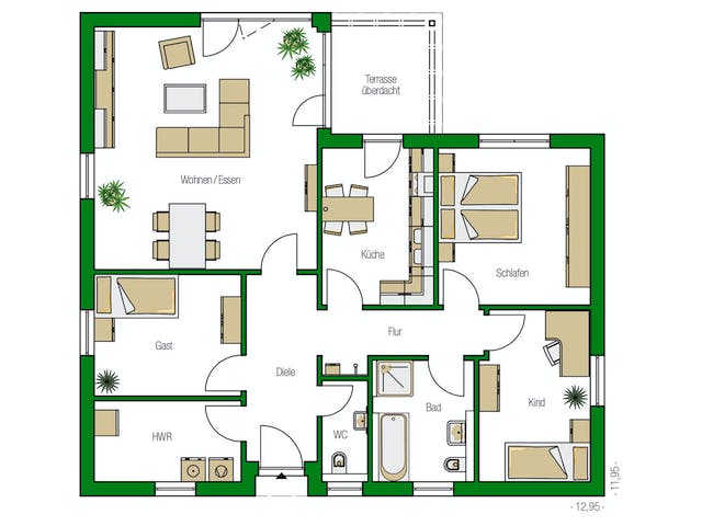 Massivhaus Freiburg von HELMA MASSIVHAUS Schlüsselfertig ab 321150€, Bungalow Grundriss 1