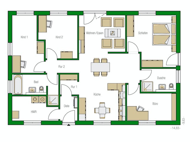 Massivhaus Kolding von HELMA MASSIVHAUS Schlüsselfertig ab 333050€, Bungalow Grundriss 1