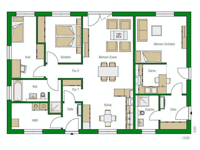 Massivhaus Kolding mit ELW von HELMA MASSIVHAUS Schlüsselfertig ab 343700€, Bungalow Grundriss 1