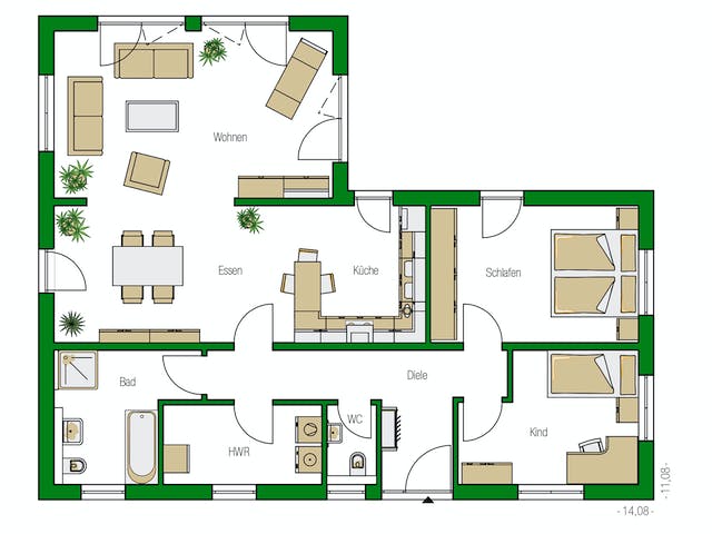 Massivhaus Kopenhagen von HELMA MASSIVHAUS Schlüsselfertig ab 340100€, Bungalow Grundriss 1
