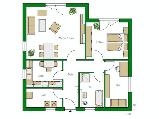 Massivhaus Rostock von HELMA MASSIVHAUS Schlüsselfertig ab 264100€, Bungalow Grundriss 1